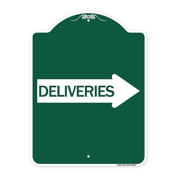 Signmission Deliveries With Right Arrow, Green & White Aluminum Architectural Sign, 18" x 24", GW-1824-24362 A-DES-GW-1824-24362 - main